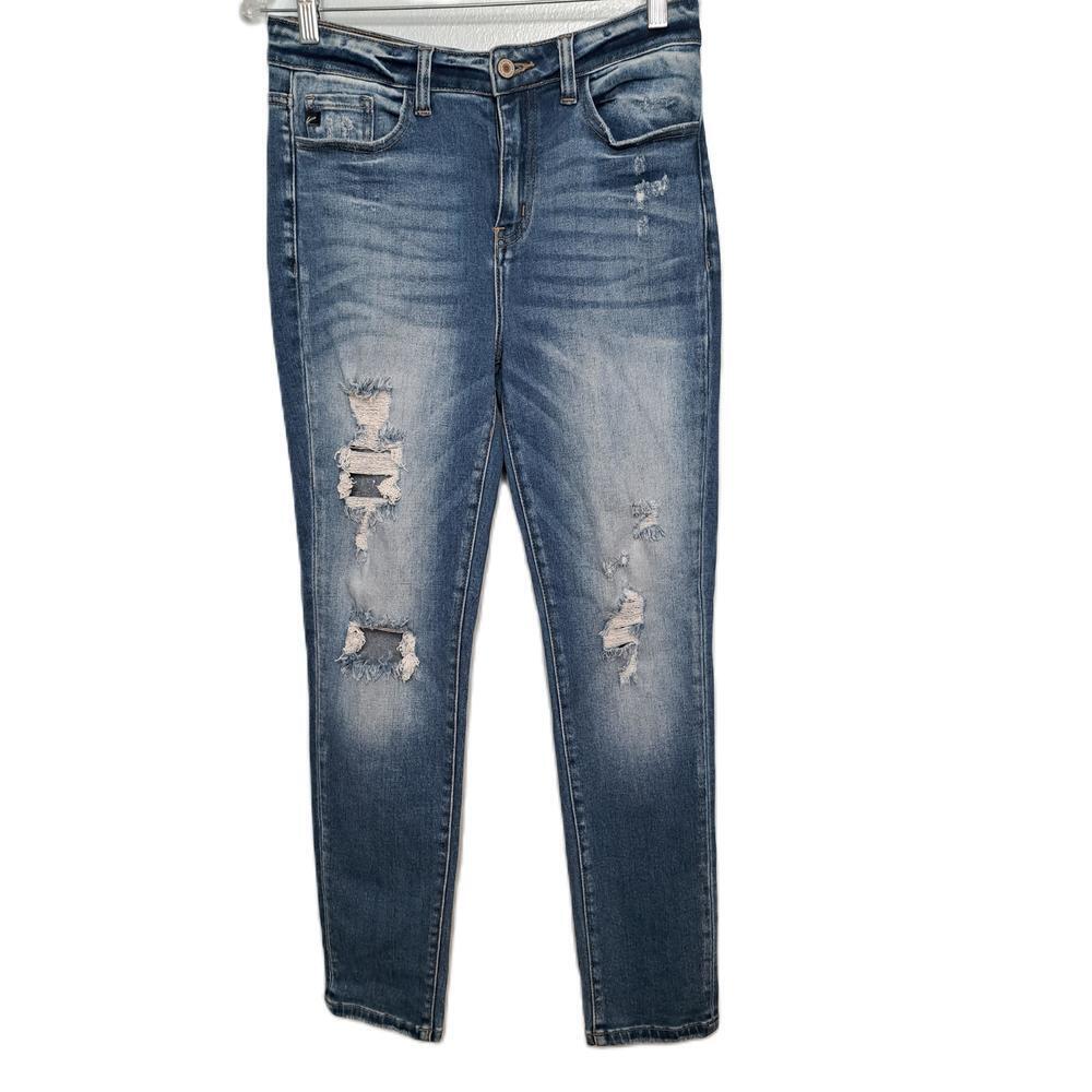 KanCan Jeans Women's Denim Blue Distressed Medium Wash Mid-Rise Skinny Size 7/27